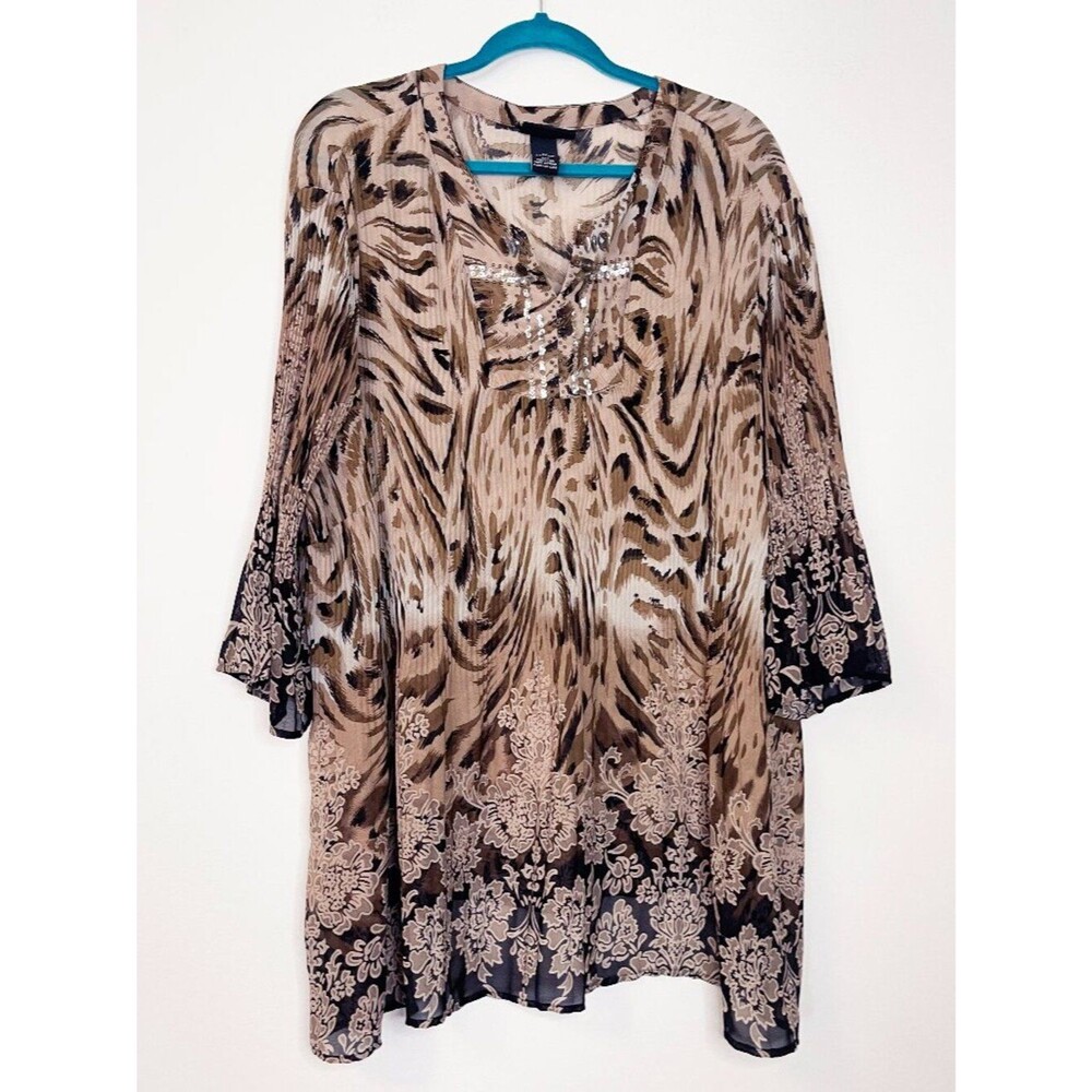 Maggie Barnes 2X Animal Print Boho Tunic Top Embellished Sheer Overlay Swim